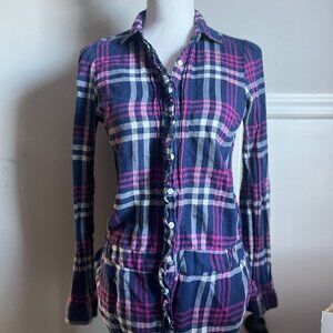 American Eagle Plaid Button-Down Flannel Shirt, Navy/Pink, Size 4